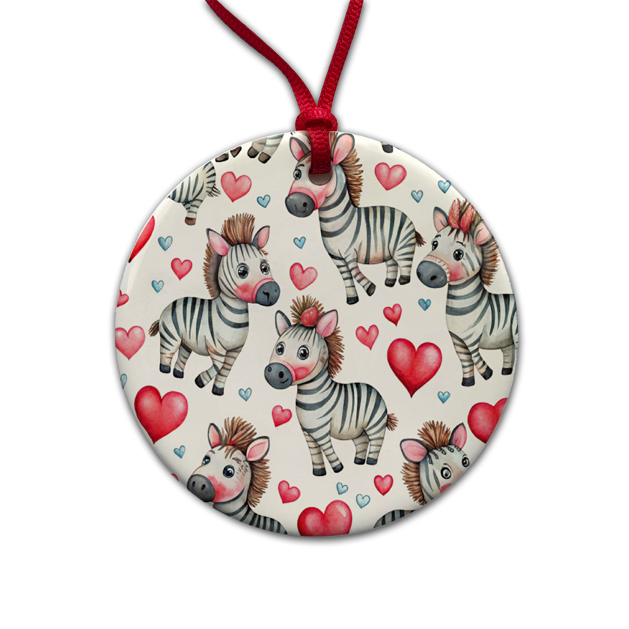 Cute Zebras Hearts Watercolor Round Ceramic Holiday Christmas Tree Ornament