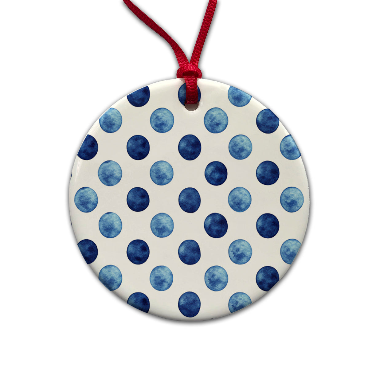 Dark Blue Polka Dots White Background Round Ceramic Holiday Christmas Tree Ornament