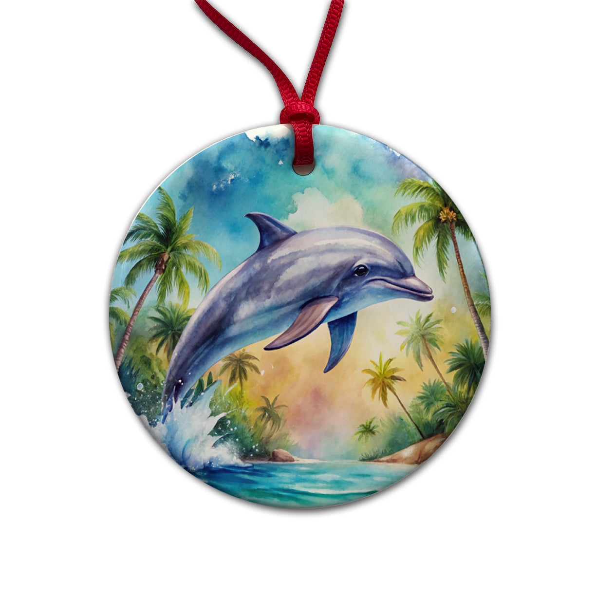 Dolphin Tropical Watercolor Design Round Ceramic Holiday Christmas Tree Ornament