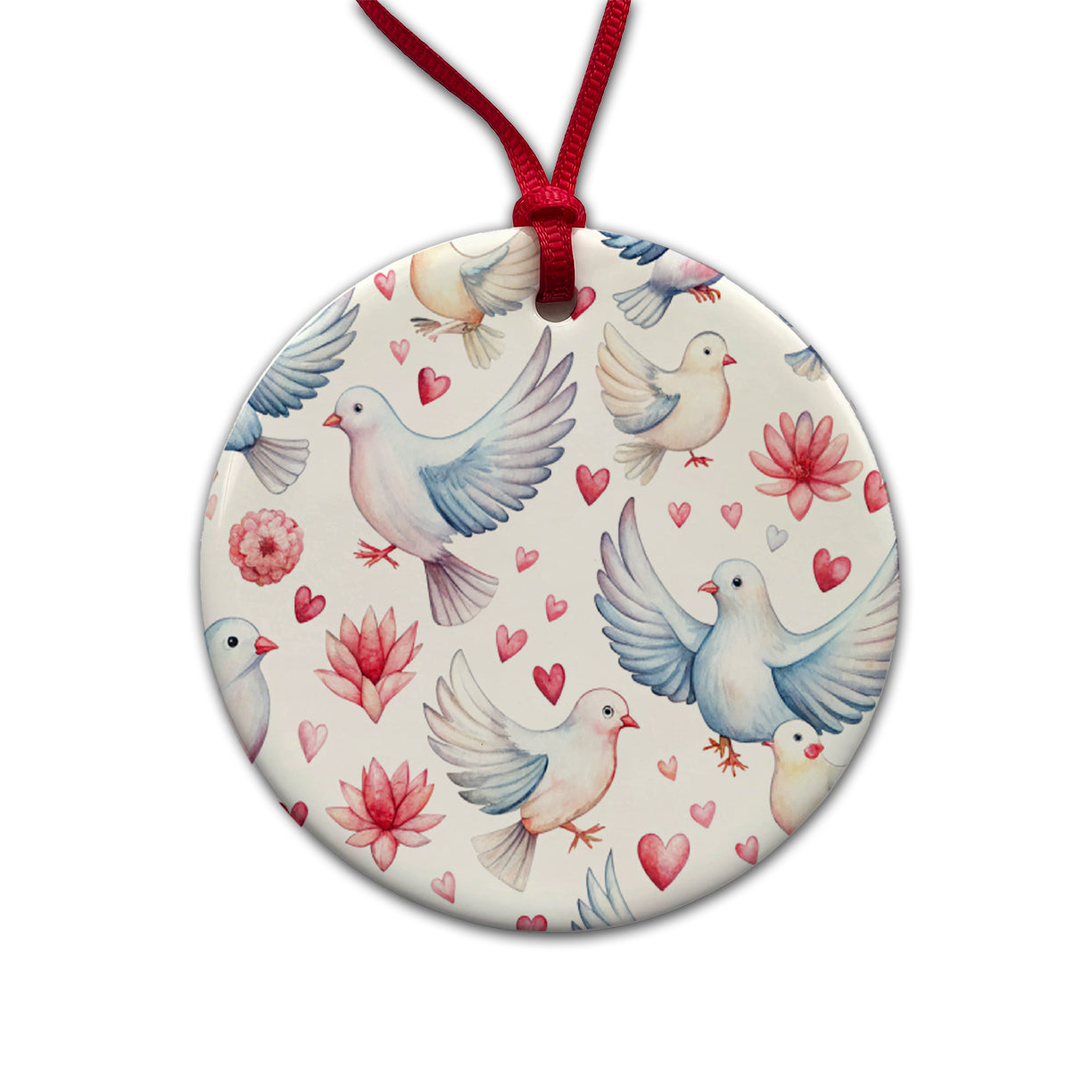 Doves Hearts Watercolor Round Ceramic Holiday Christmas Tree Ornament