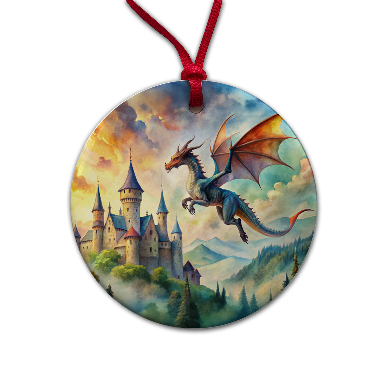 Dragon Flying Over Castle Watercolor Fantasy Round Ceramic Holiday Christmas Tree Ornament