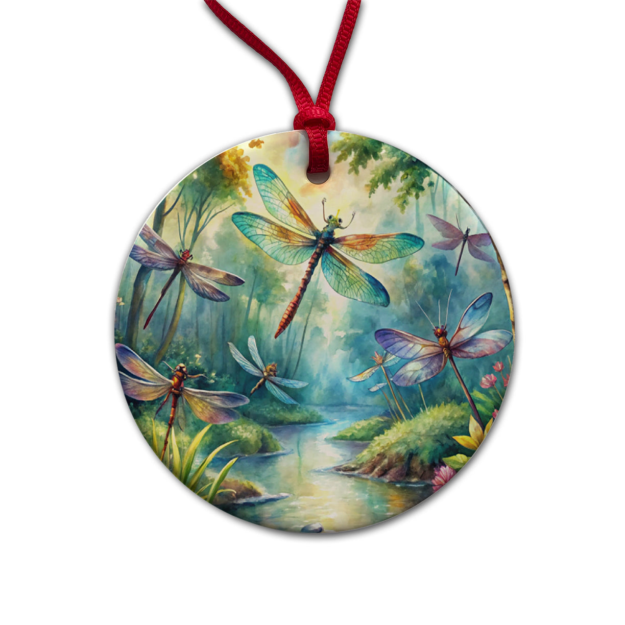 Dragonflies Forest Fantasy Watercolor Design Round Ceramic Holiday Christmas Tree Ornament