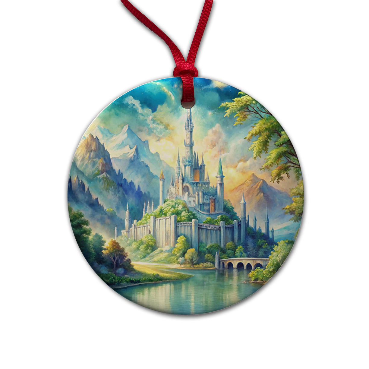 Elves Fantasy Kingdom Watercolor Design Round Ceramic Holiday Christmas Tree Ornament