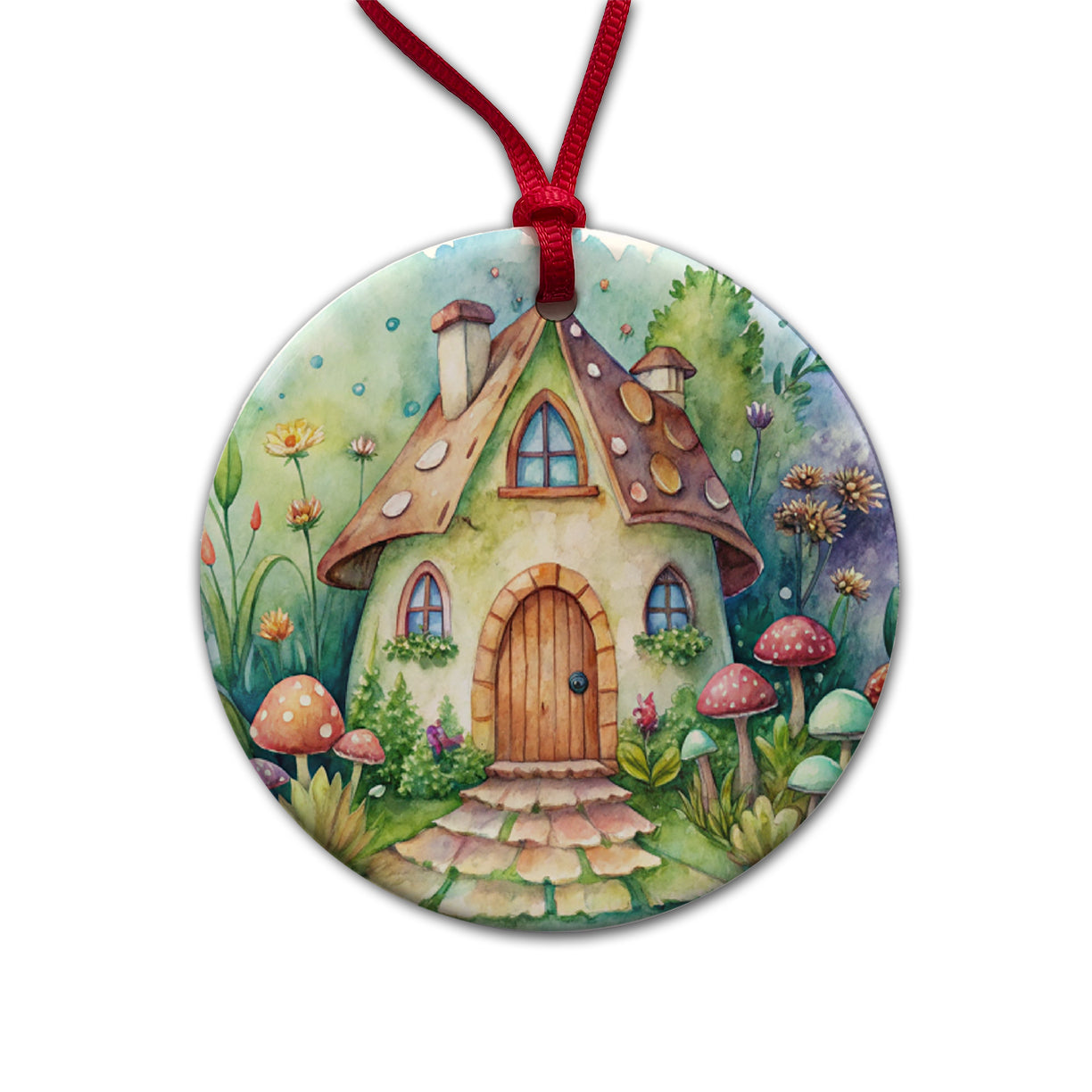 Fairy House Watercolor Round Ceramic Holiday Christmas Tree Ornament