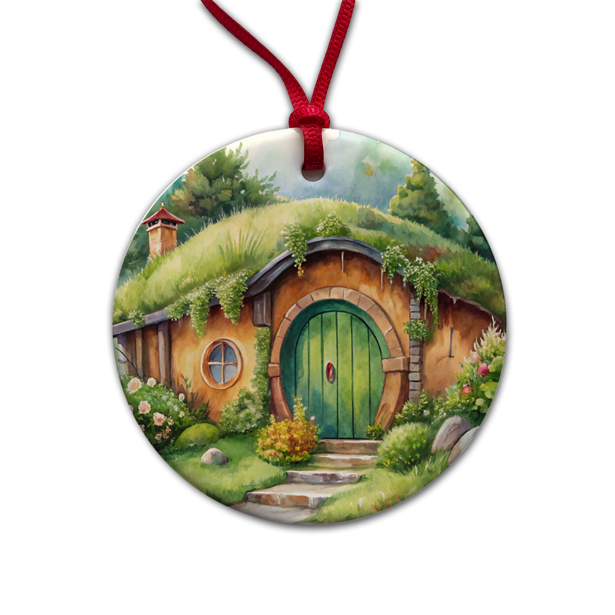 Fantasy House Grass Roof Watercolor Design Round Ceramic Holiday Christmas Tree Ornament