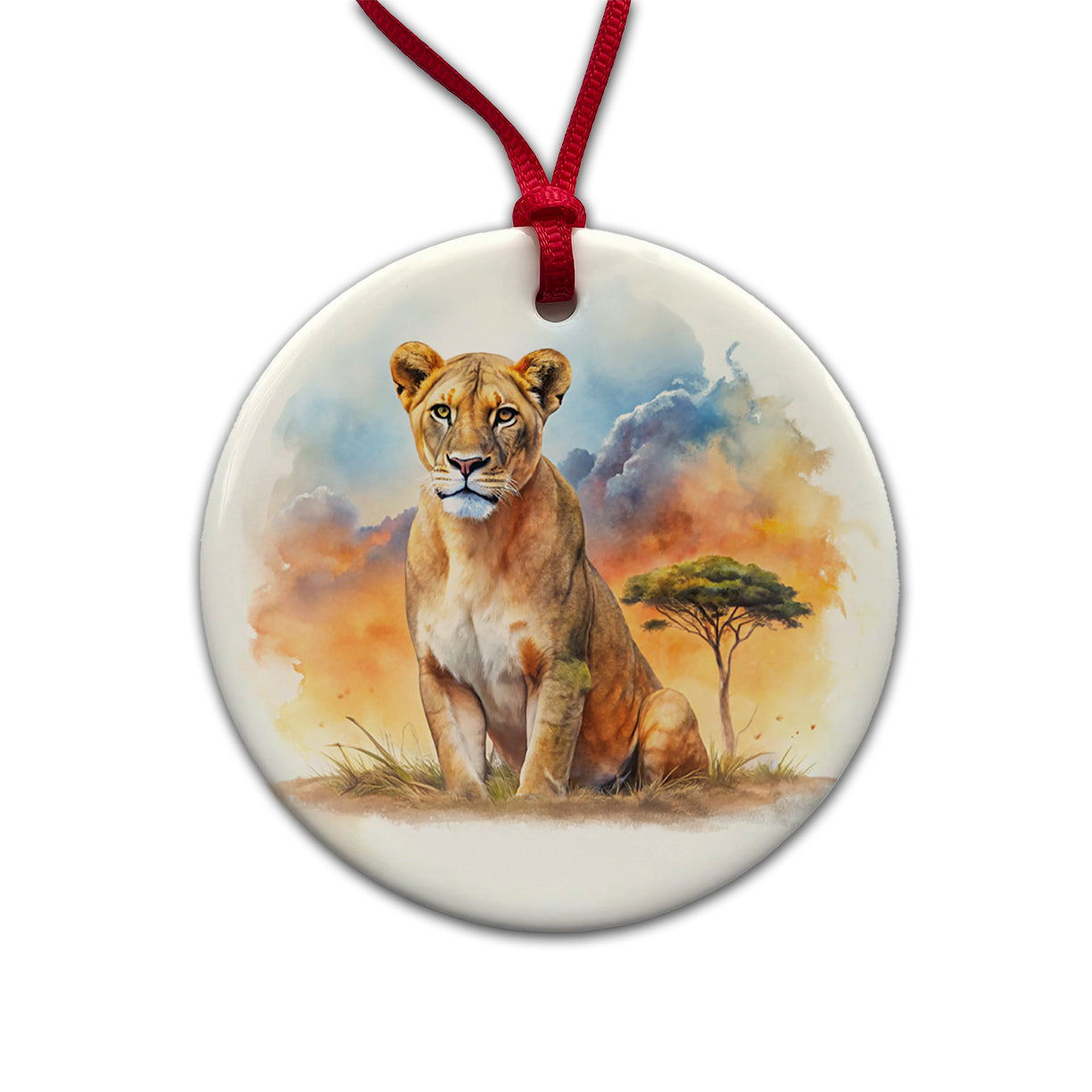 Female Lion African Plain Watercolor Design Round Ceramic Holiday Christmas Tree Ornament