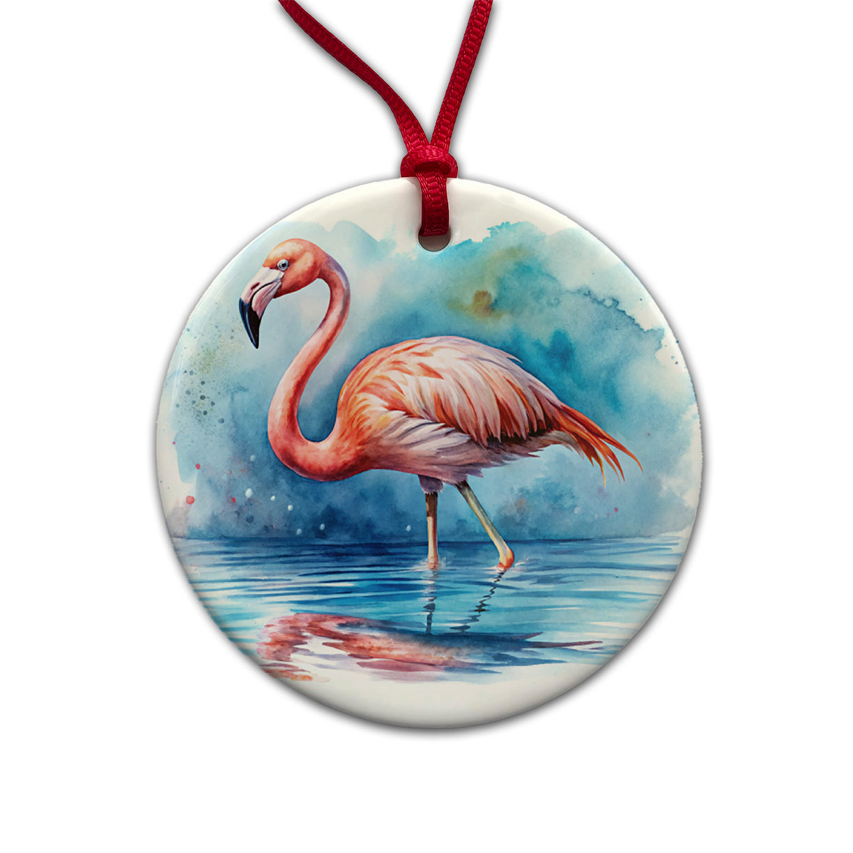 Flamingo Bird In Water Watercolor Round Ceramic Holiday Christmas Tree Ornament