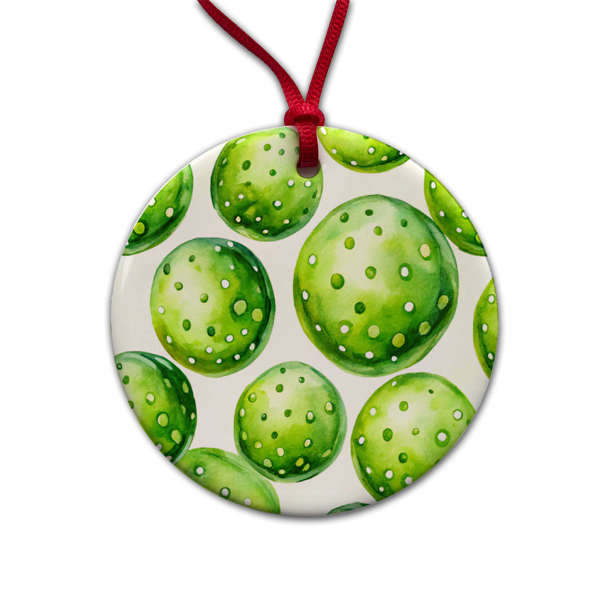 Fluorescent Green Pickleballs Round Ceramic Holiday Christmas Tree Ornament