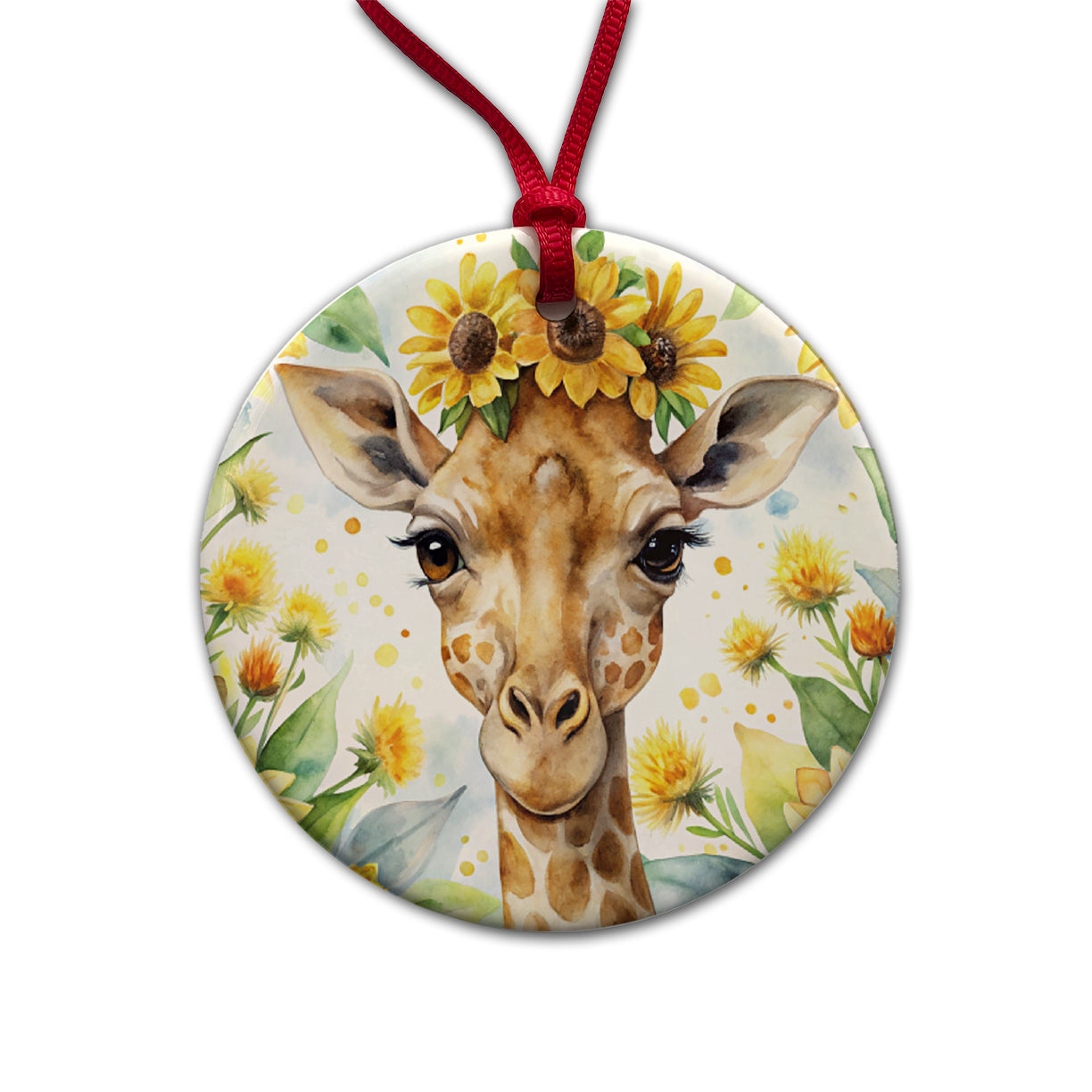 Giraffe Watercolor Design With Sunflowers Round Ceramic Holiday Christmas Tree Ornament
