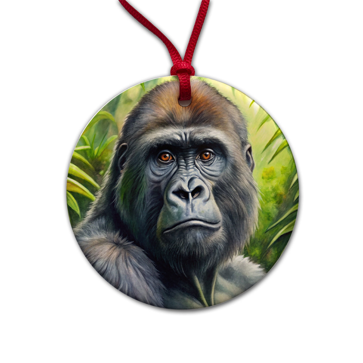 Gorilla In Rainforest Watercolor Round Ceramic Holiday Christmas Tree Ornament