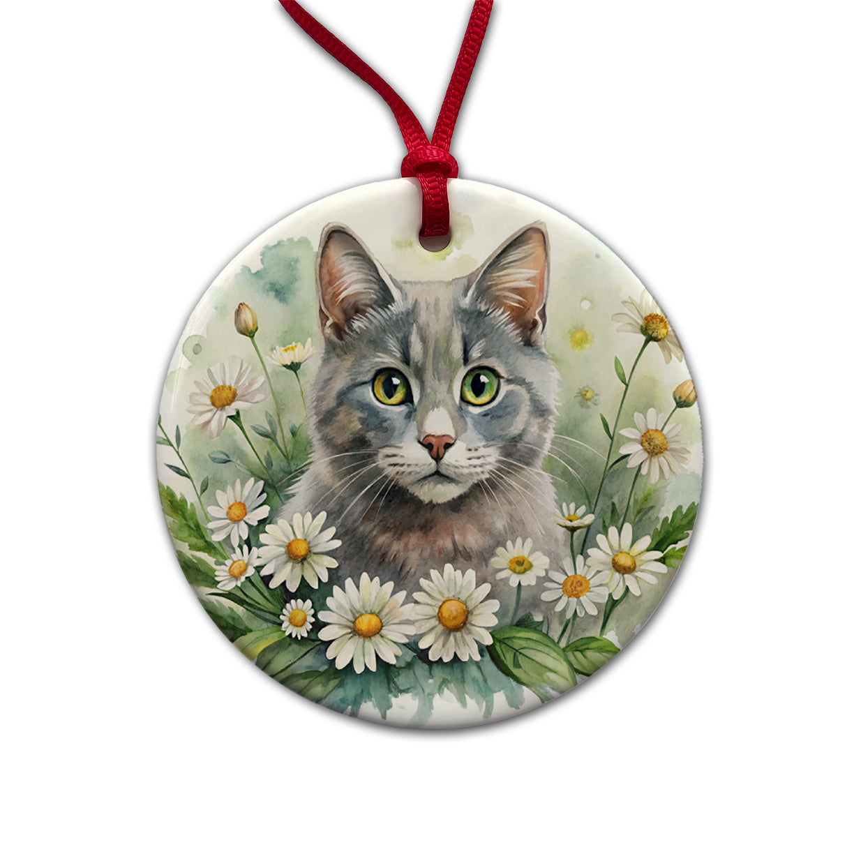 Gray Cat Watercolor Design With Daisies Round Ceramic Holiday Christmas Tree Ornament