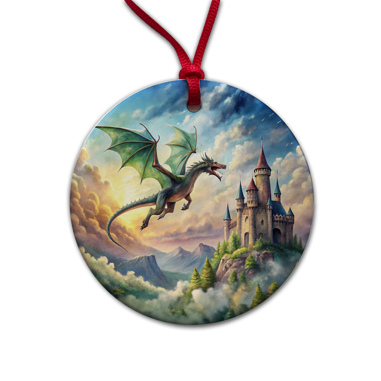 Green Dragon Flying Over Castle Watercolor Fantasy Round Ceramic Holiday Christmas Tree Ornament