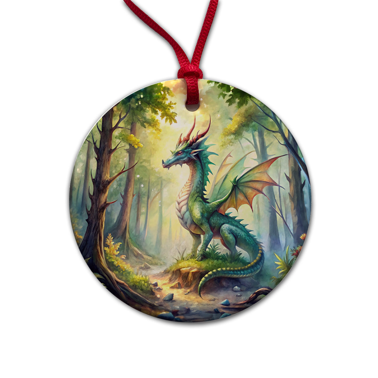 Green Dragon In Forest Watercolor Fantasy Round Ceramic Holiday Christmas Tree Ornament
