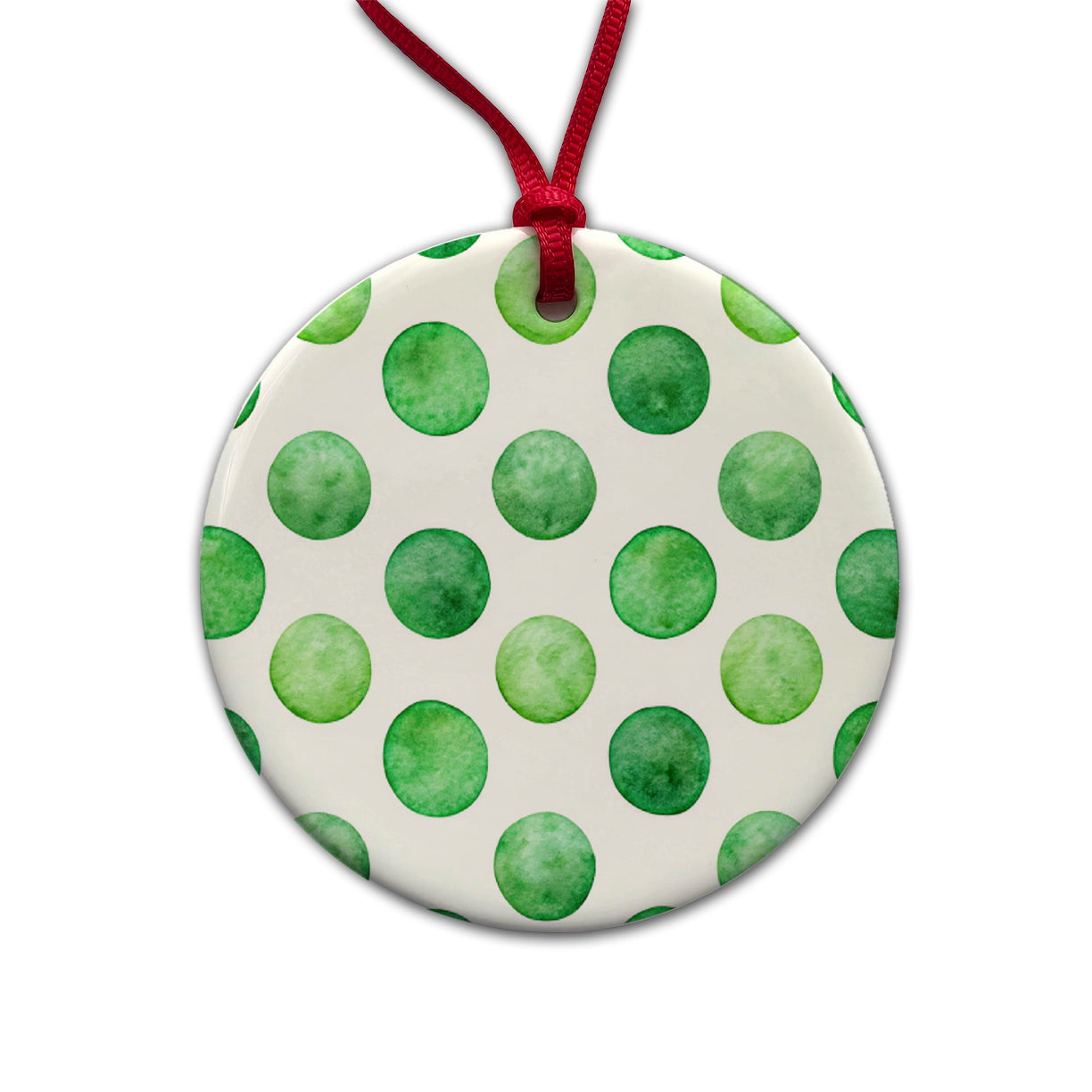 Green Polka Dots White Background Round Ceramic Holiday Christmas Tree Ornament