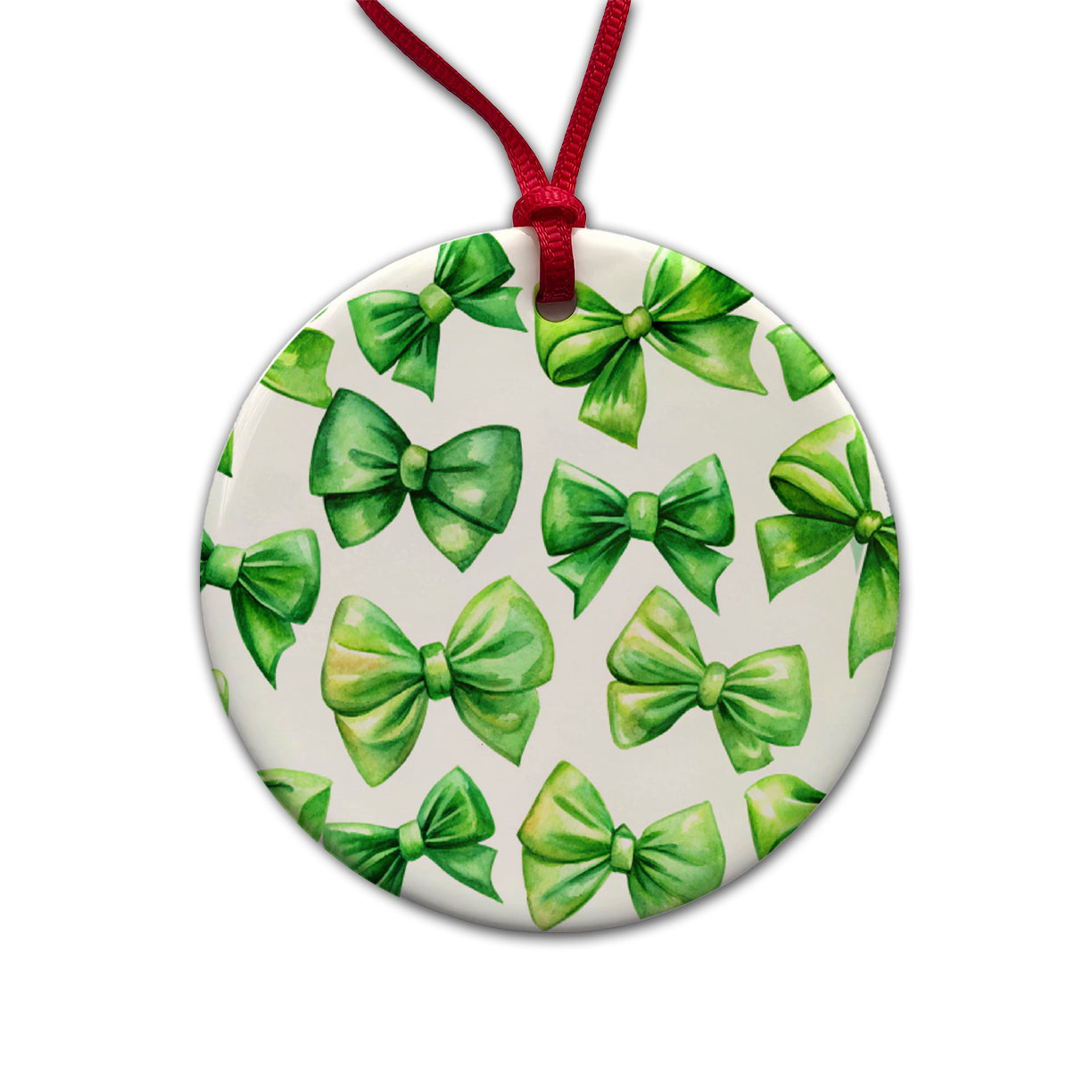 Green Scattered Coquette Bows Watercolor Round Ceramic Holiday Christmas Tree Ornament
