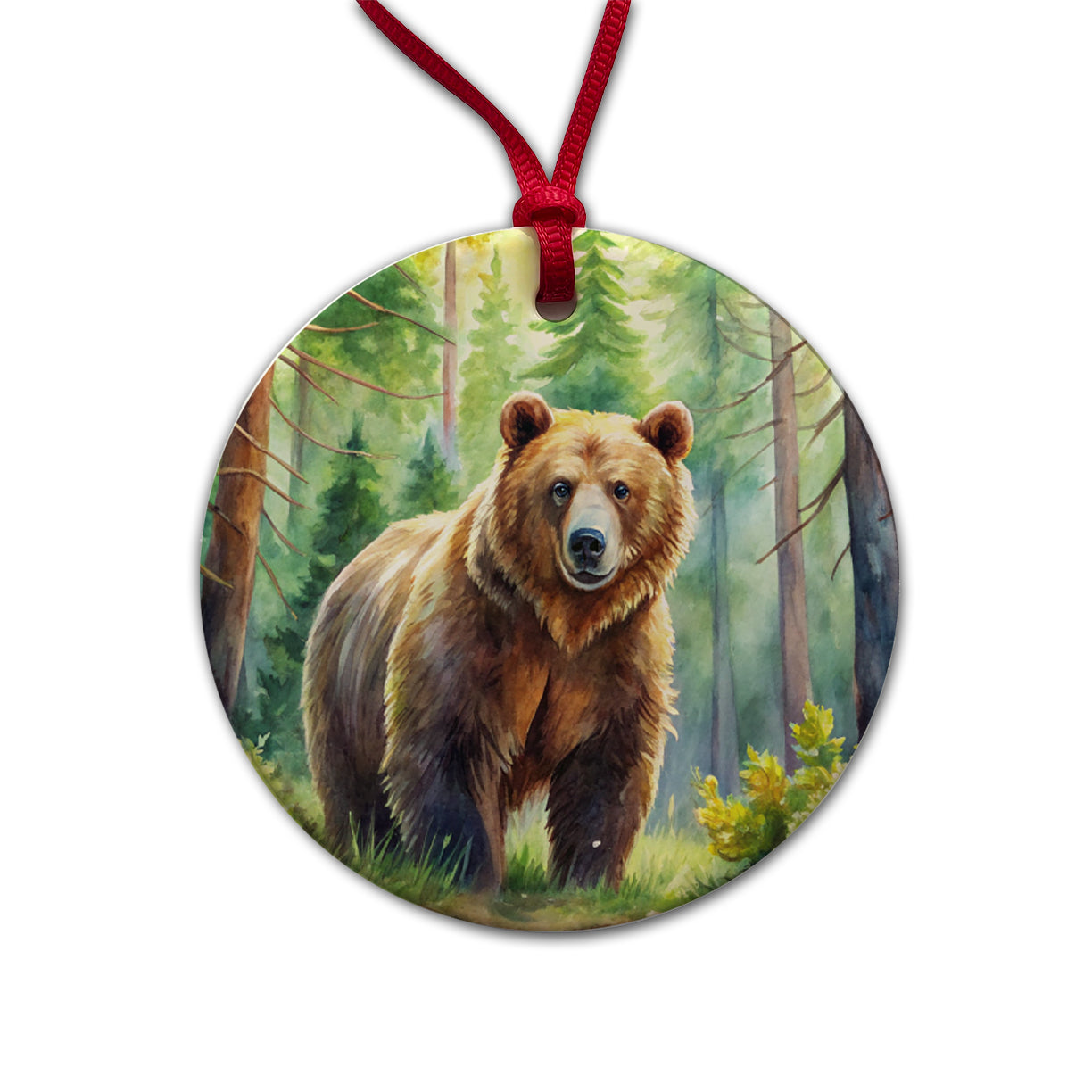 Grizzly Bear In Forest Watercolor Round Ceramic Holiday Christmas Tree Ornament