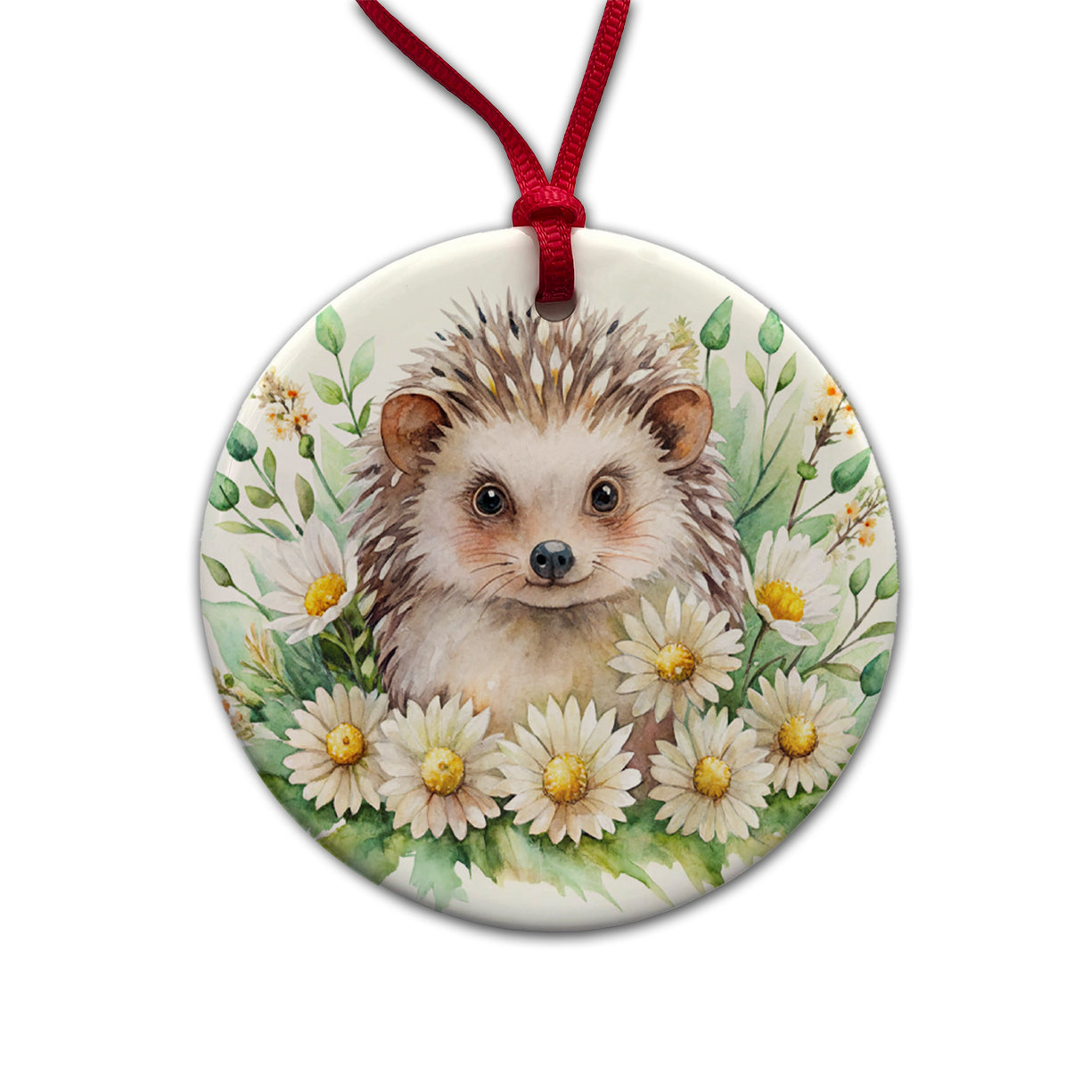 Hedgehog Watercolor Design With Daisies Round Ceramic Holiday Christmas Tree Ornament