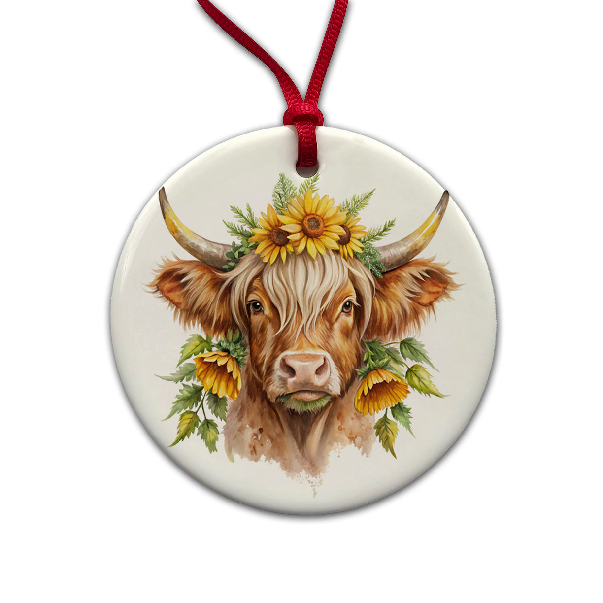 Highland Cow Watercolor Design With Sunflowers Round Ceramic Holiday Christmas Tree Ornament