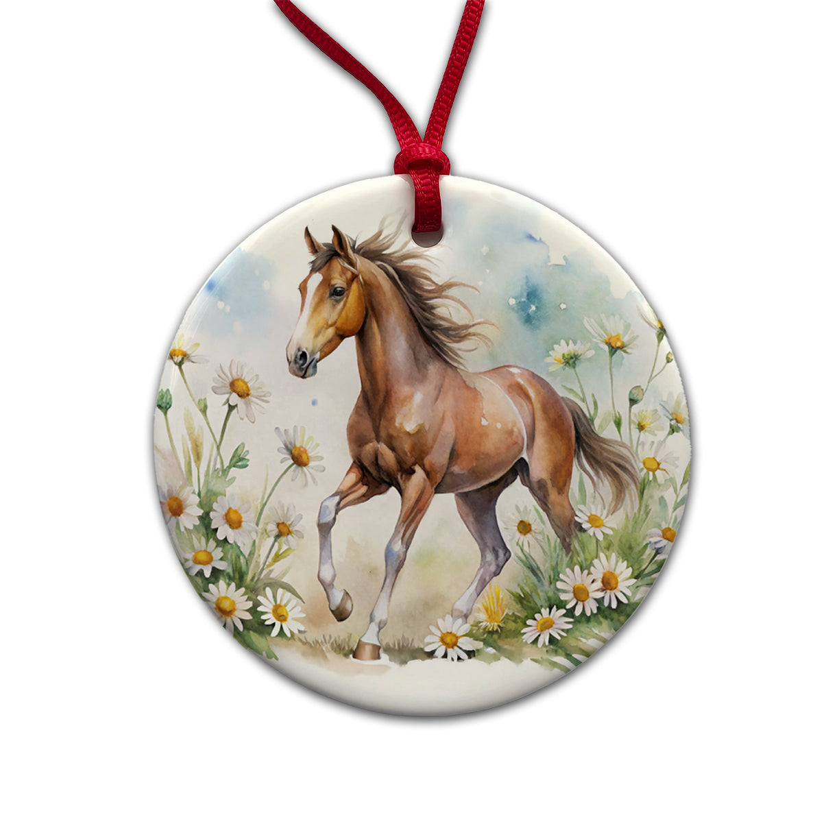 Horse Watercolor Design With Daisies Round Ceramic Holiday Christmas Tree Ornament