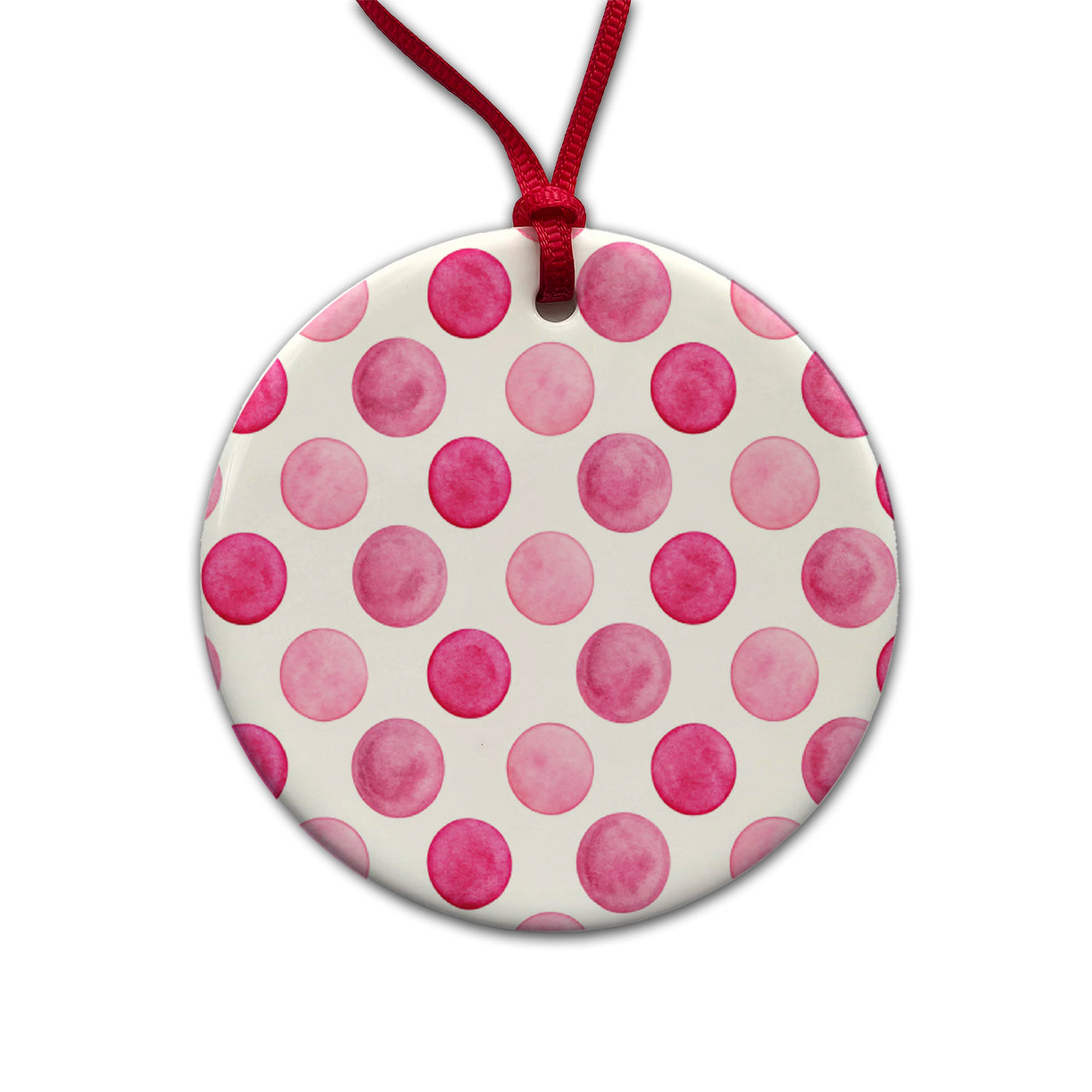 Hot Pink Polka Dots White Background Round Ceramic Holiday Christmas Tree Ornament