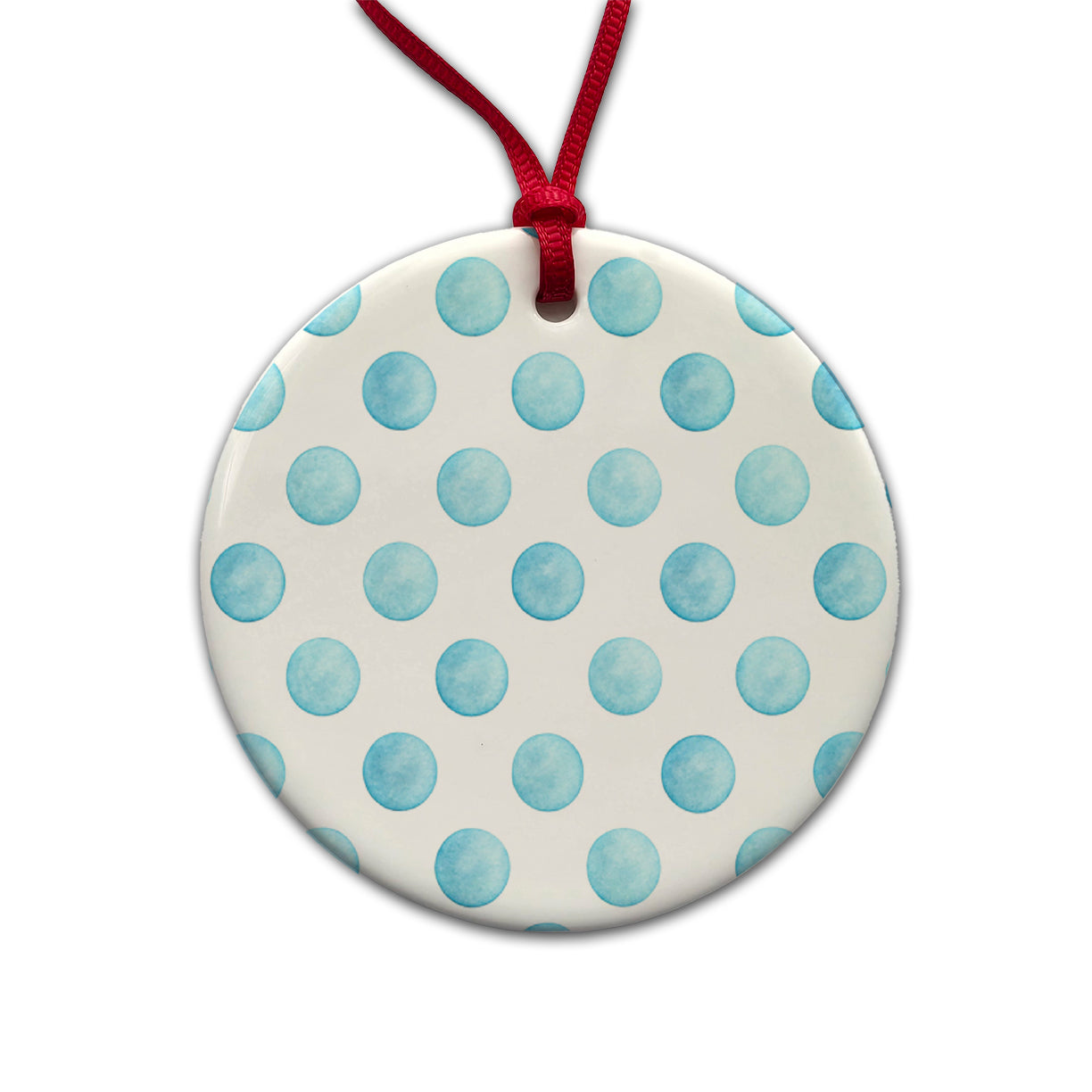 Light Blue Polka Dots White Background Round Ceramic Holiday Christmas Tree Ornament