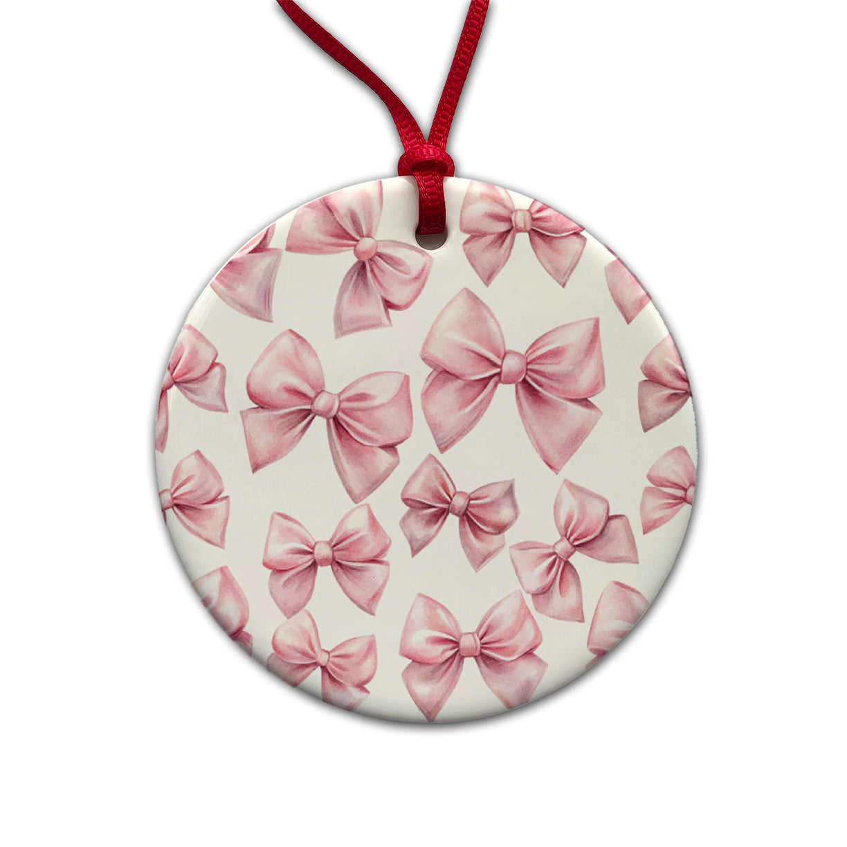 Light Pink Scattered Coquette Bows Watercolor Round Ceramic Holiday Christmas Tree Ornament