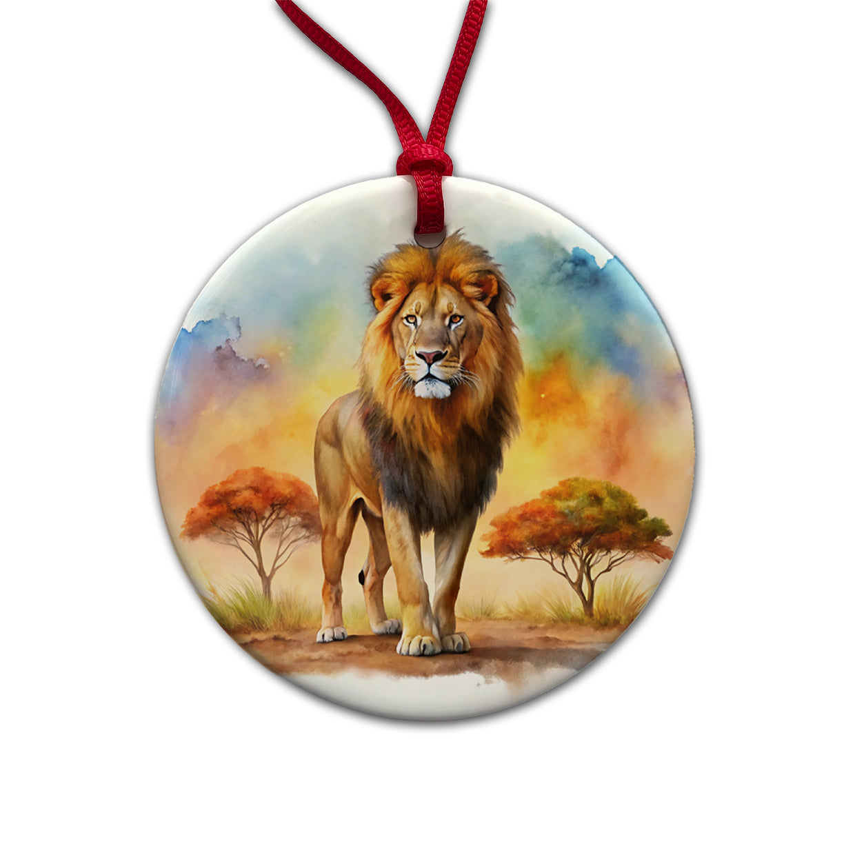 Lion African Plain Watercolor Round Ceramic Holiday Christmas Tree Ornament