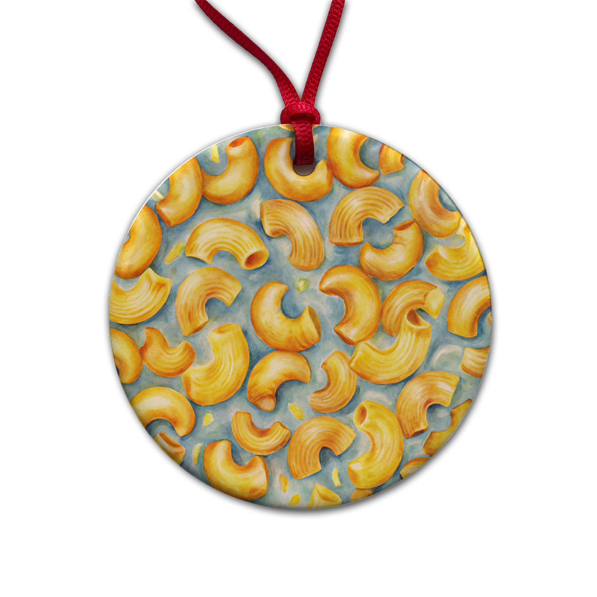 Macaroni Cheese Pasta Watercolor Round Ceramic Holiday Christmas Tree Ornament