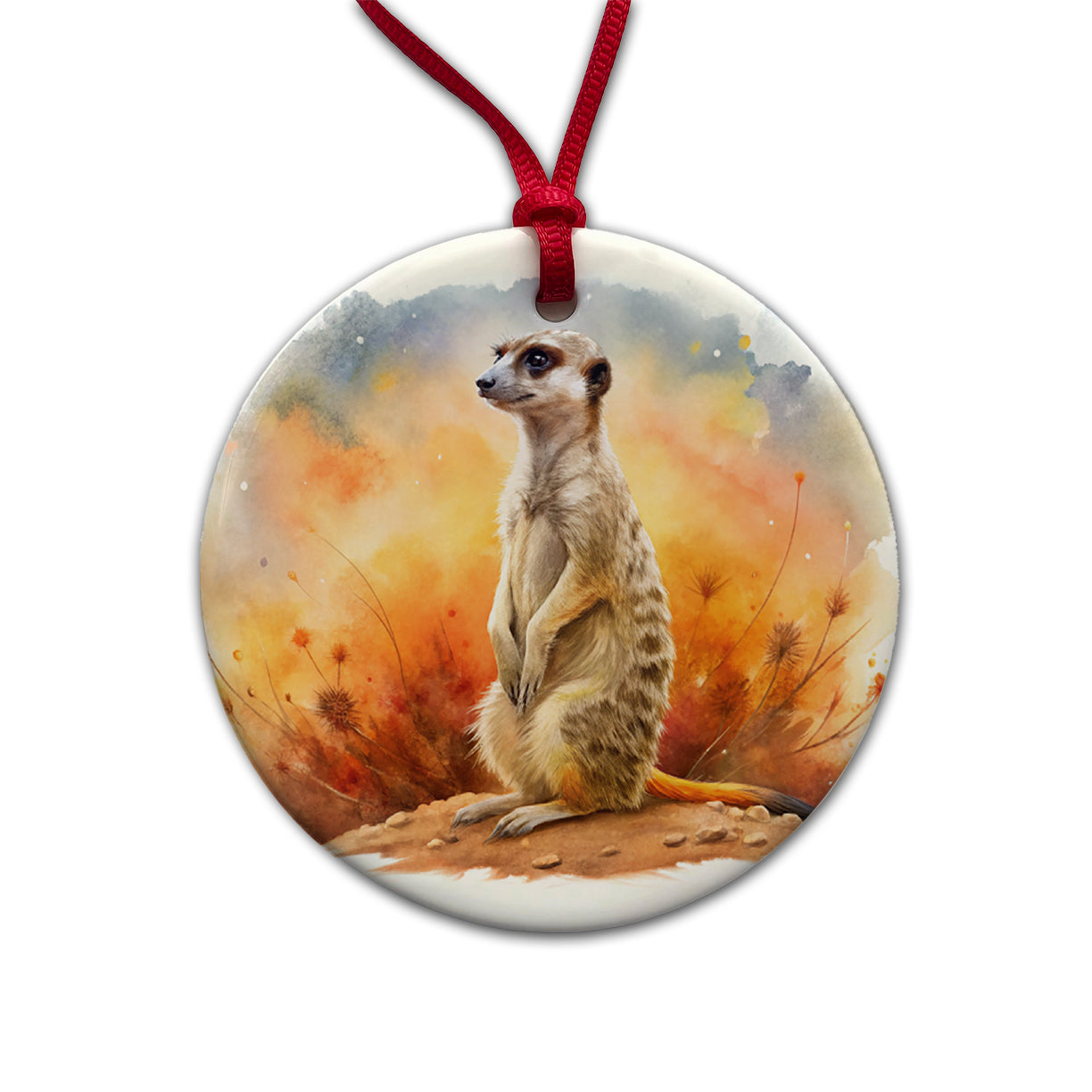 Meerkat African Plain Beautiful Watercolor Round Ceramic Holiday Christmas Tree Ornament