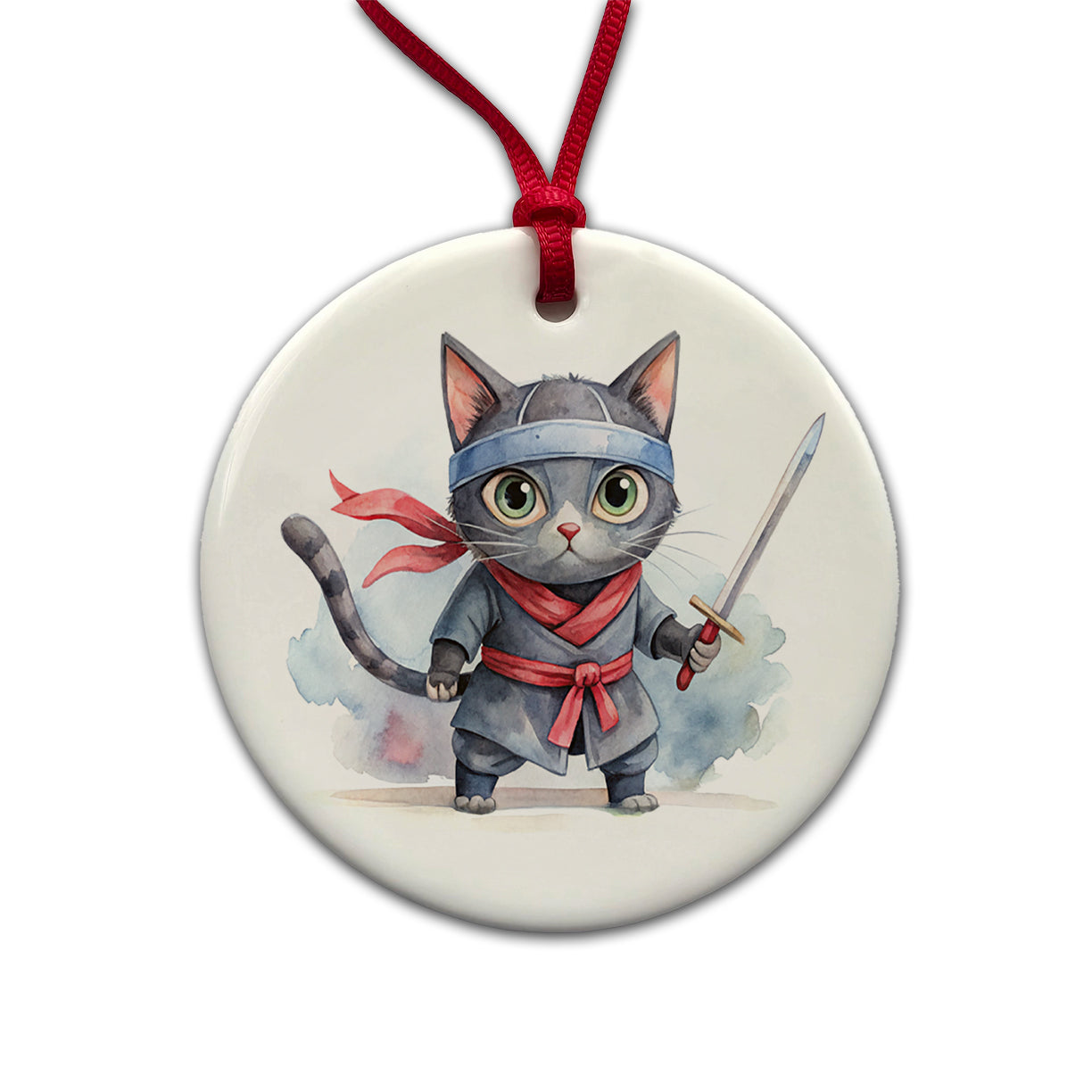 Ninja Cat Watercolor Round Ceramic Holiday Christmas Tree Ornament
