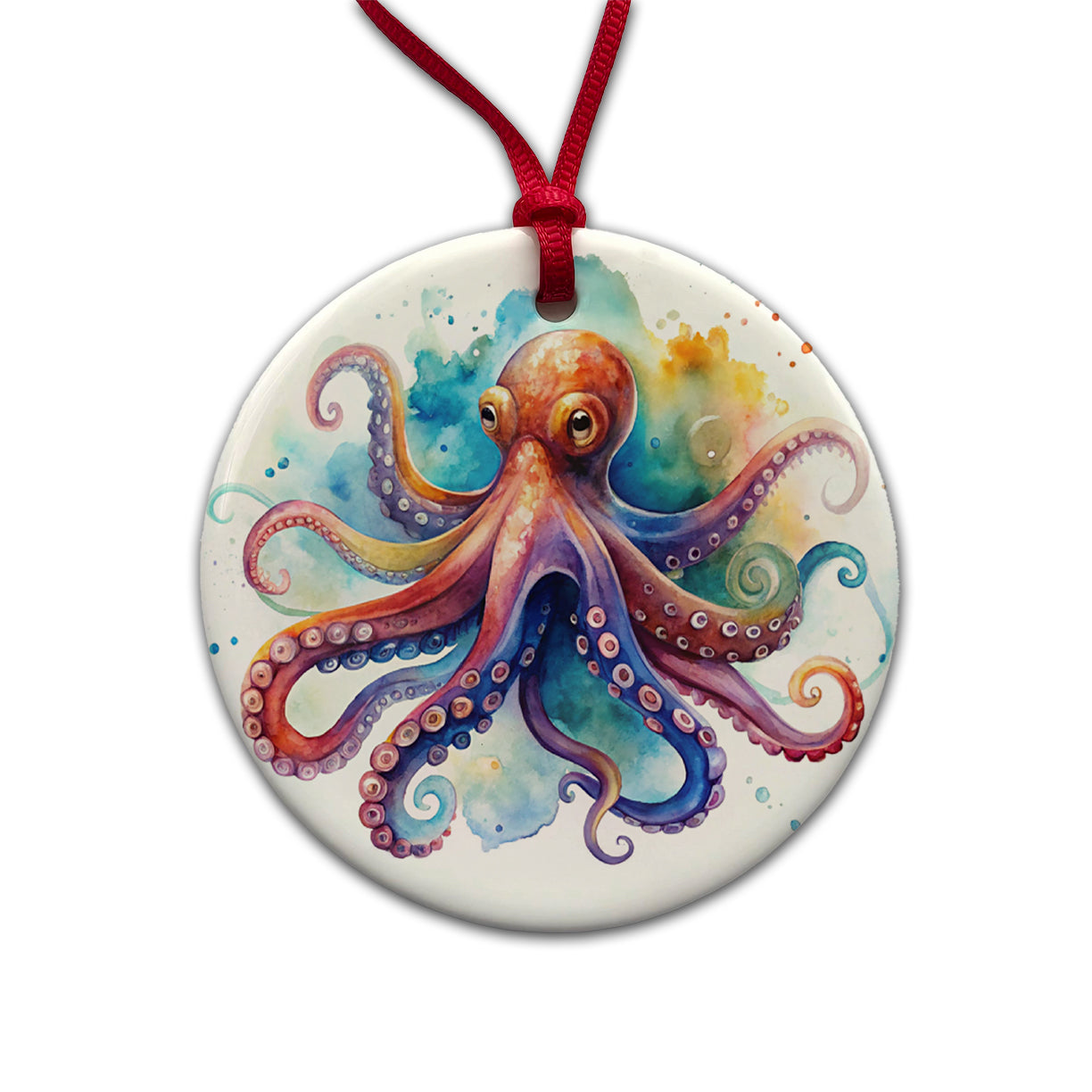 Octopus Watercolor Colorful Round Ceramic Holiday Christmas Tree Ornament