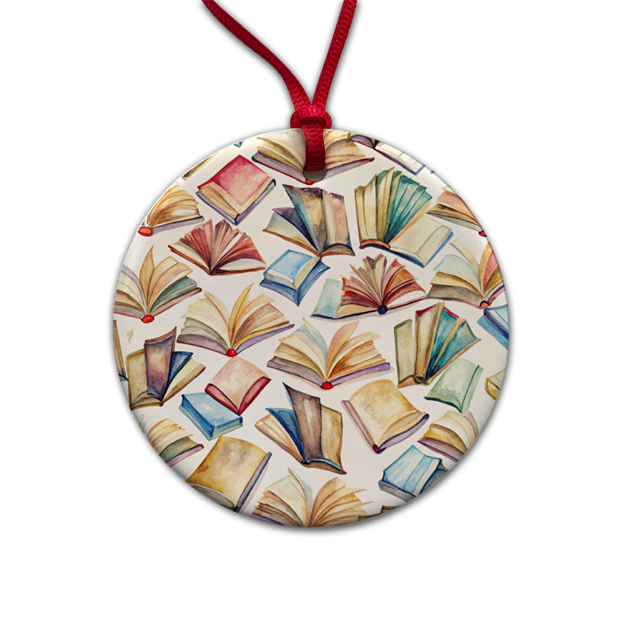 Open Books Watercolor Reader Reading Round Ceramic Holiday Christmas Tree Ornament