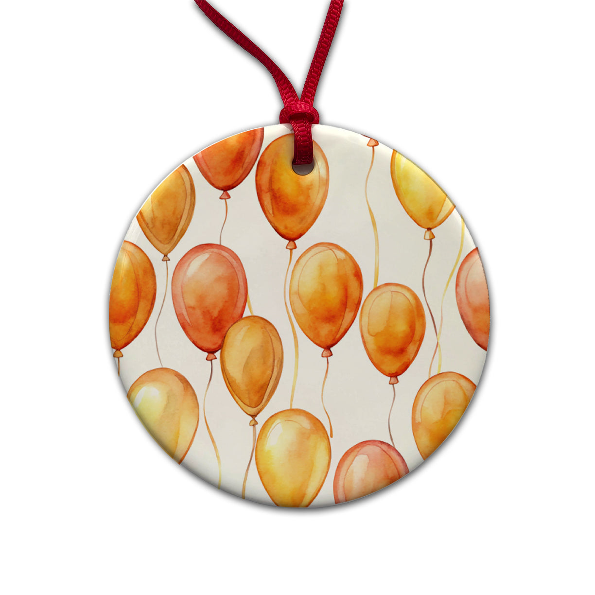 Orange Balloons Watercolor Birthday Round Ceramic Holiday Christmas Tree Ornament