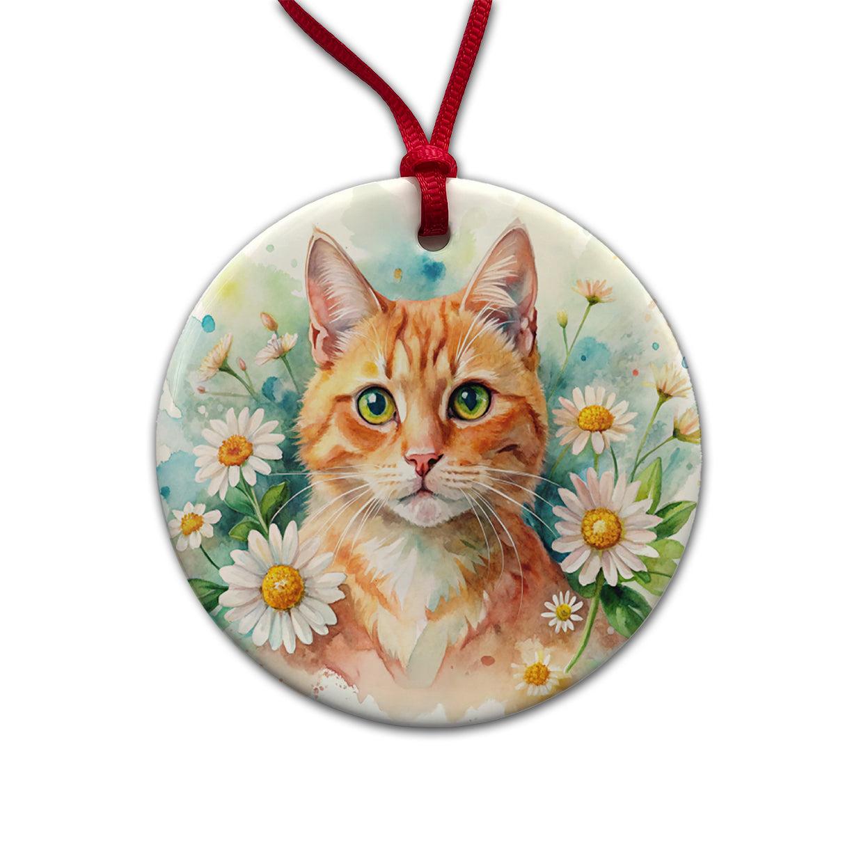 Orange Cat Watercolor Design With Daisies Round Ceramic Holiday Christmas Tree Ornament