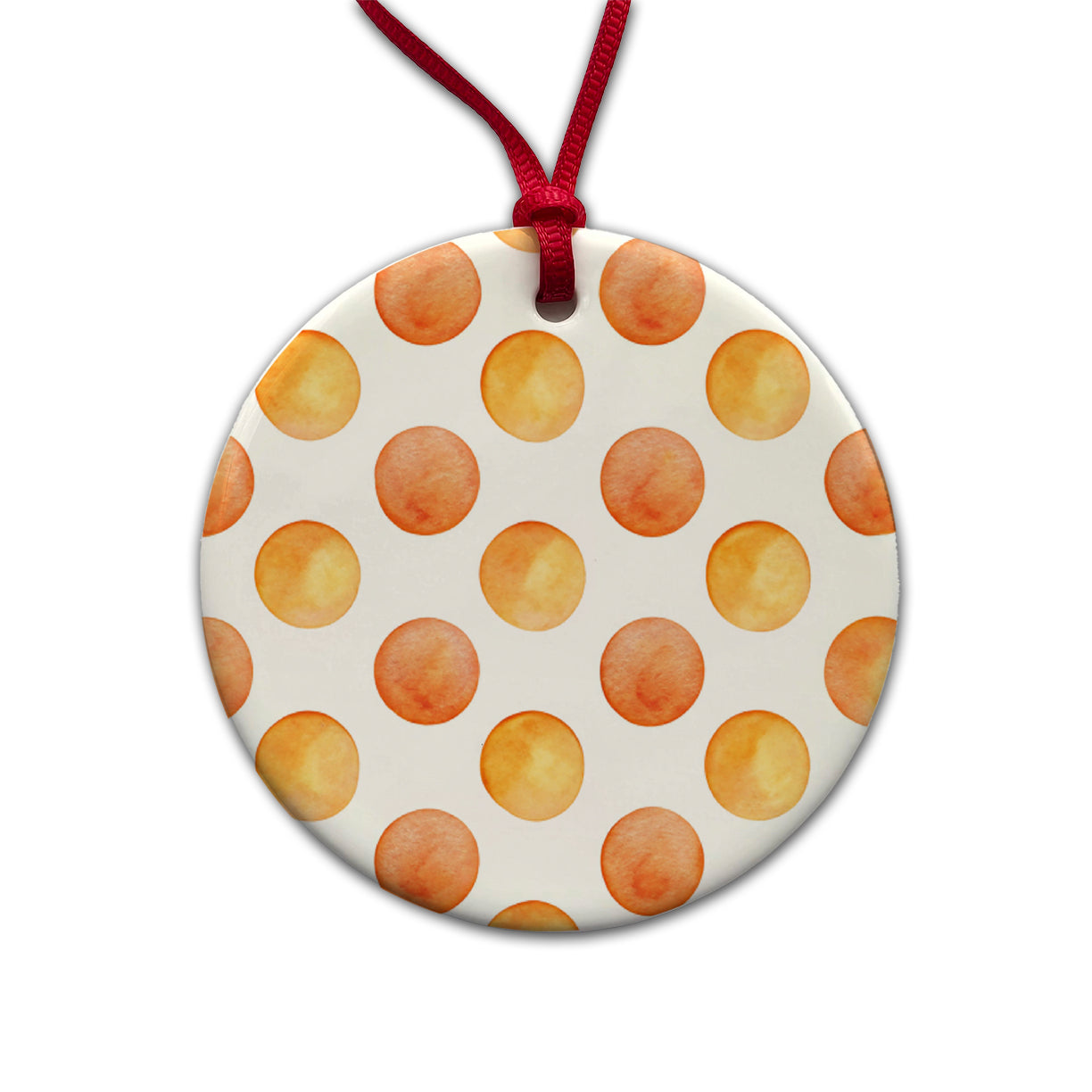 Orange Polka Dots White Background Round Ceramic Holiday Christmas Tree Ornament