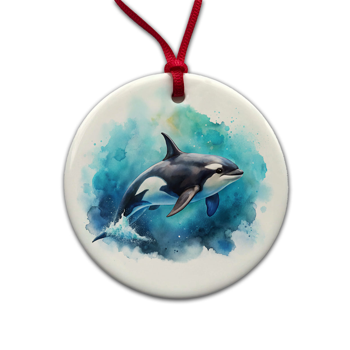 Orca Whale In Ocean Watercolor Design Round Ceramic Holiday Christmas Tree Ornament