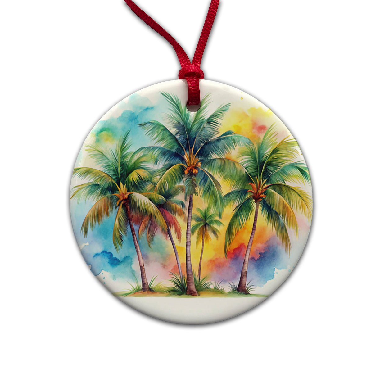 Palm Trees Tropical Watercolor Design Round Ceramic Holiday Christmas Tree Ornament