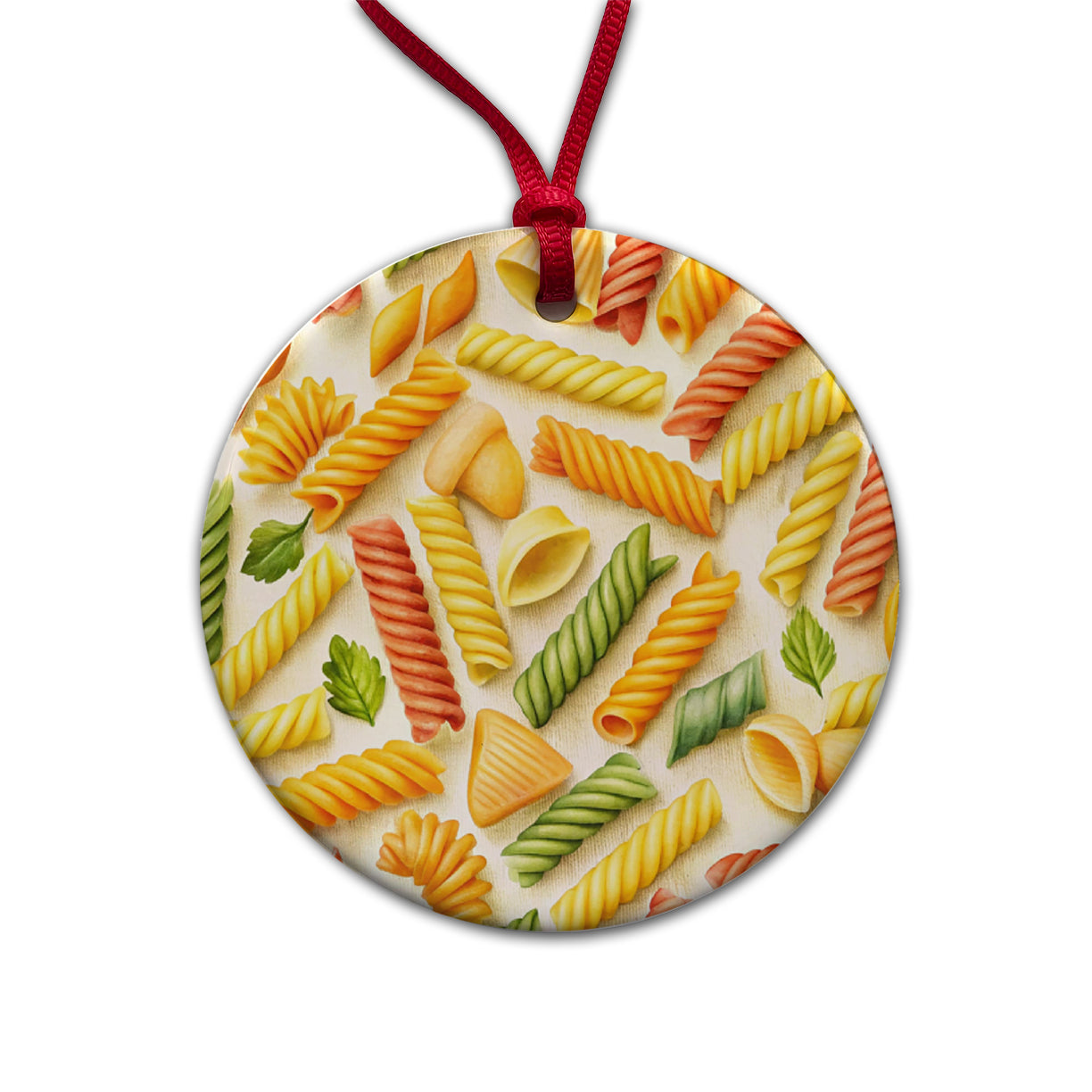 Pasta Noodles Watercolor Round Ceramic Holiday Christmas Tree Ornament