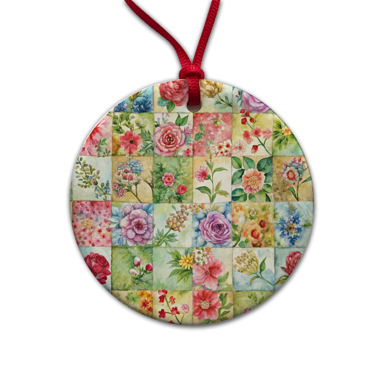 Patchwork Floral Quilt Quilter Sewing Watercolor Round Ceramic Holiday Christmas Tree Ornament