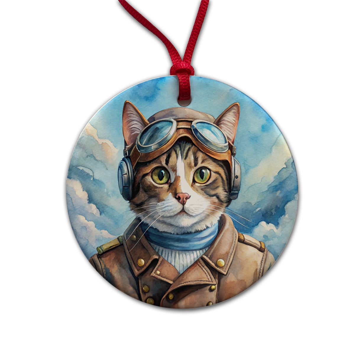 Pilot Cat Watercolor Round Ceramic Holiday Christmas Tree Ornament