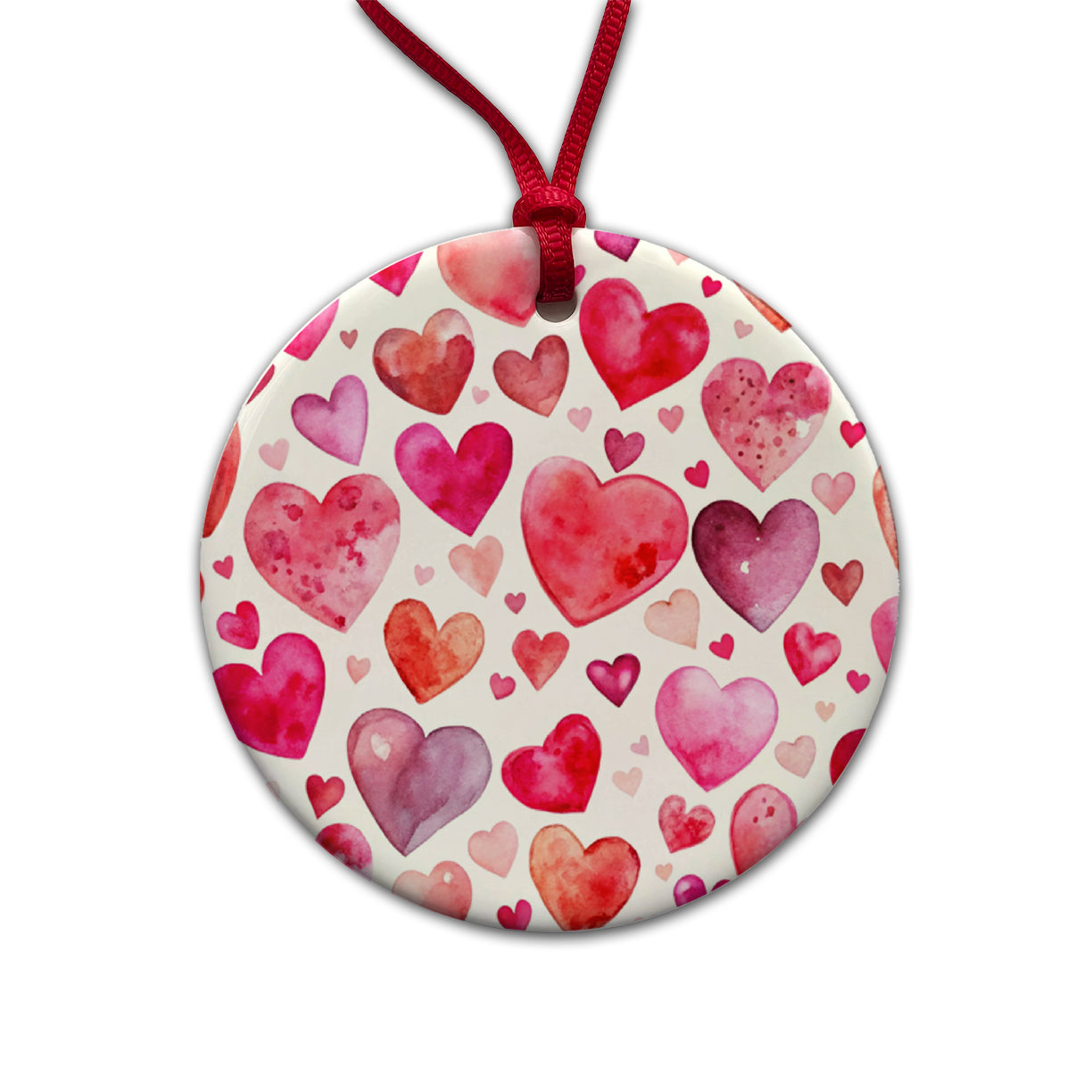 Pink And Red Scattered Hearts Watercolor Round Ceramic Holiday Christmas Tree Ornament