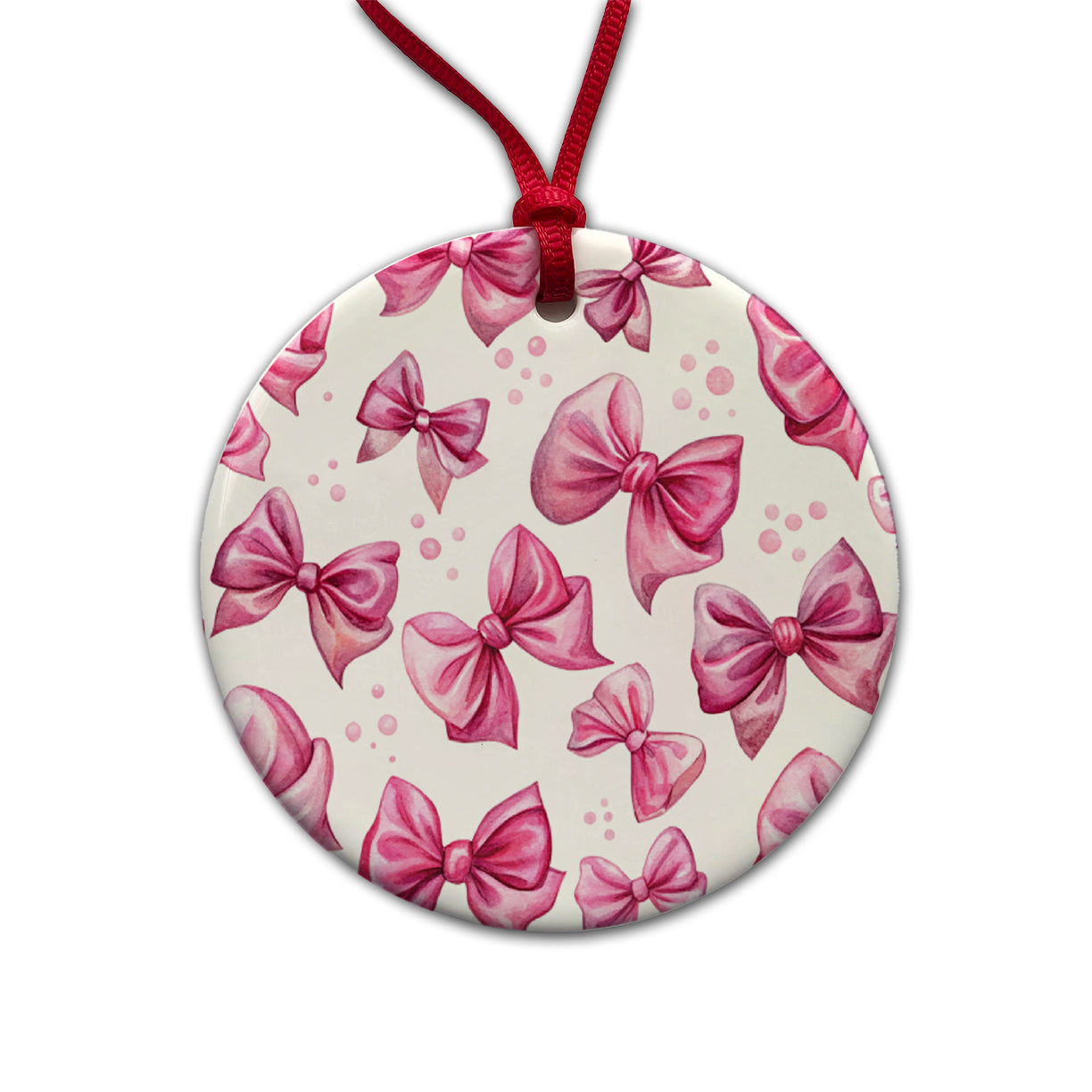 Pink Scattered Coquette Bows Watercolor Round Ceramic Holiday Christmas Tree Ornament