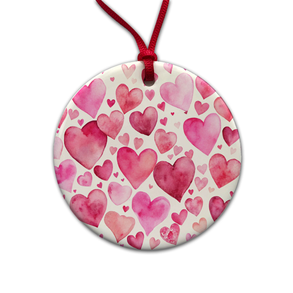 Pink Scattered Hearts Love Valentines Anniversary Watercolor Round Ceramic Holiday Christmas Tree Ornament
