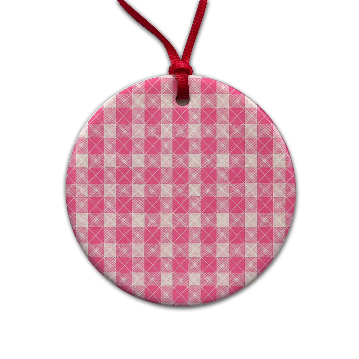 Pink White Gingham Watercolor Round Ceramic Holiday Christmas Tree Ornament
