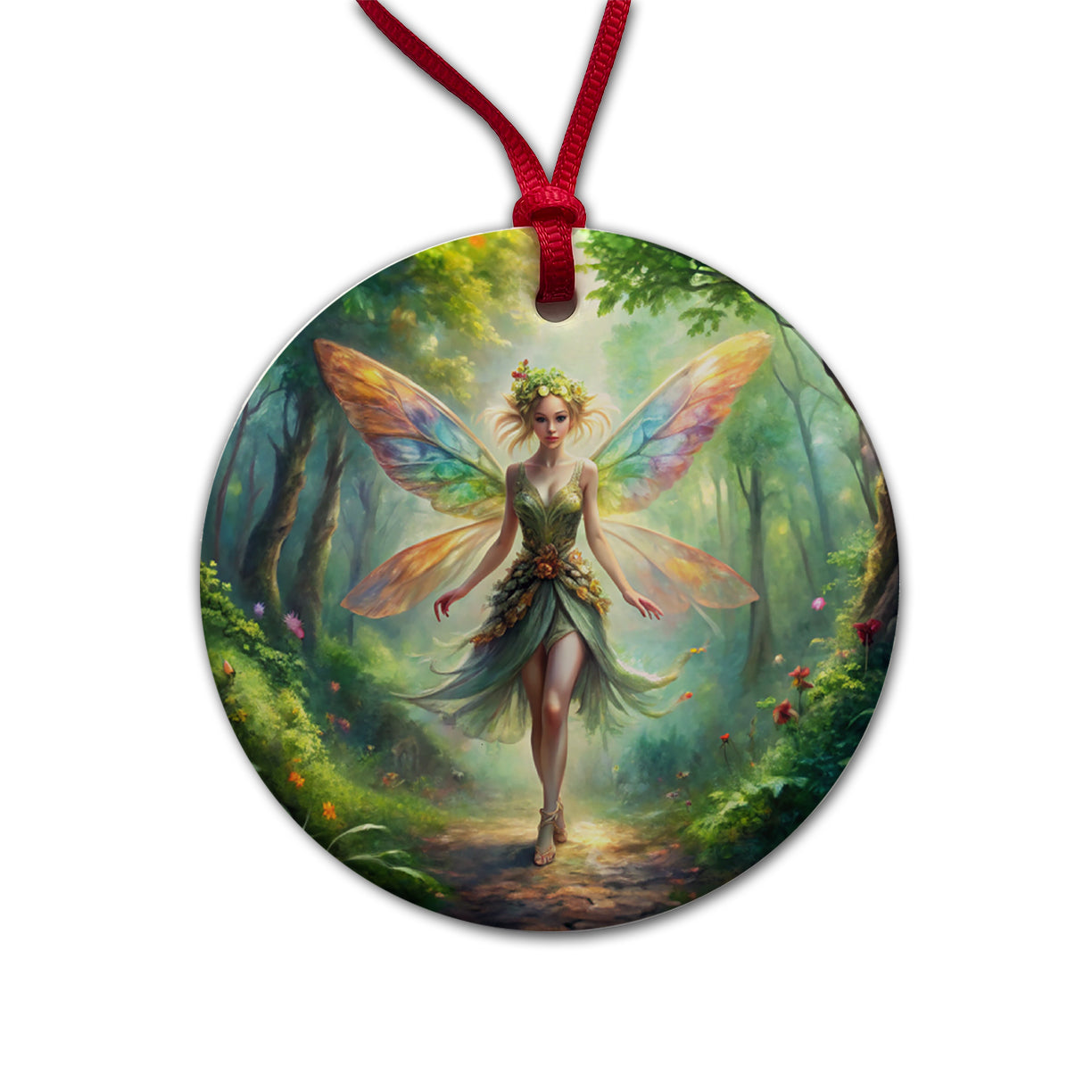 Pixie Fairy Forest Fantasy Beautiful Watercolor Round Ceramic Holiday Christmas Tree Ornament