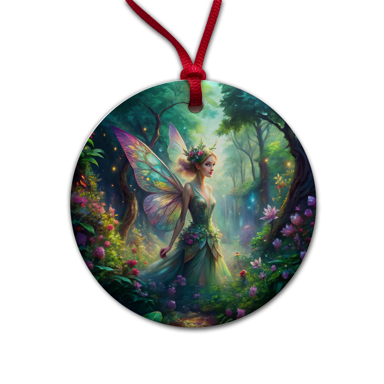 Pixie Fairy Forest Fantasy Watercolor Design Round Ceramic Holiday Christmas Tree Ornament