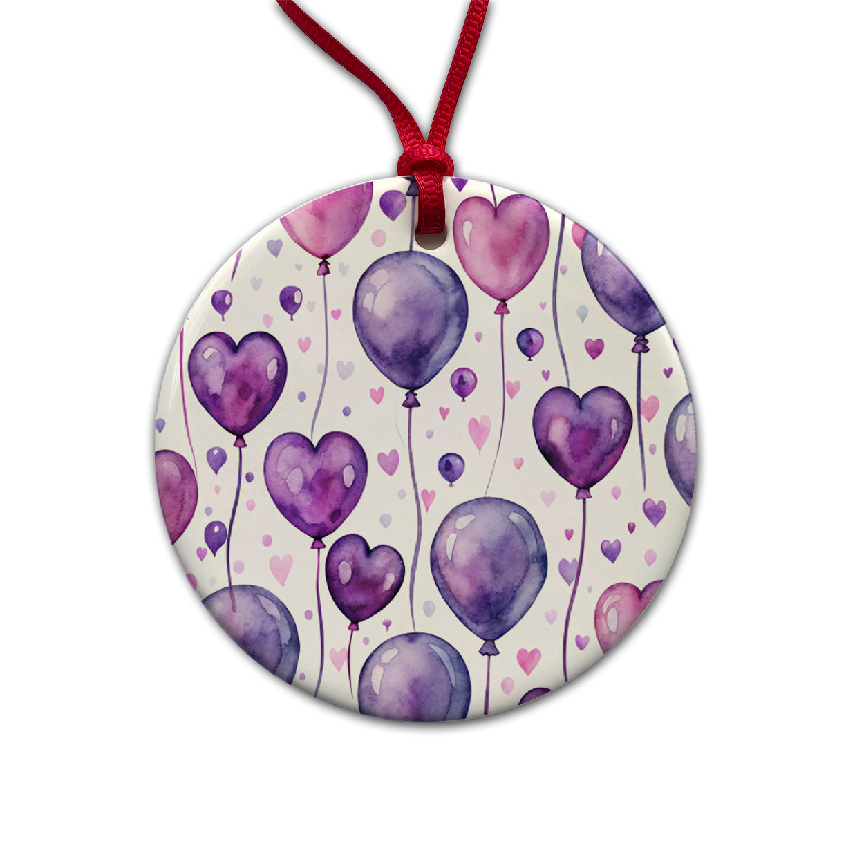 Purple Balloons Hearts Watercolor Birthday Round Ceramic Holiday Christmas Tree Ornament