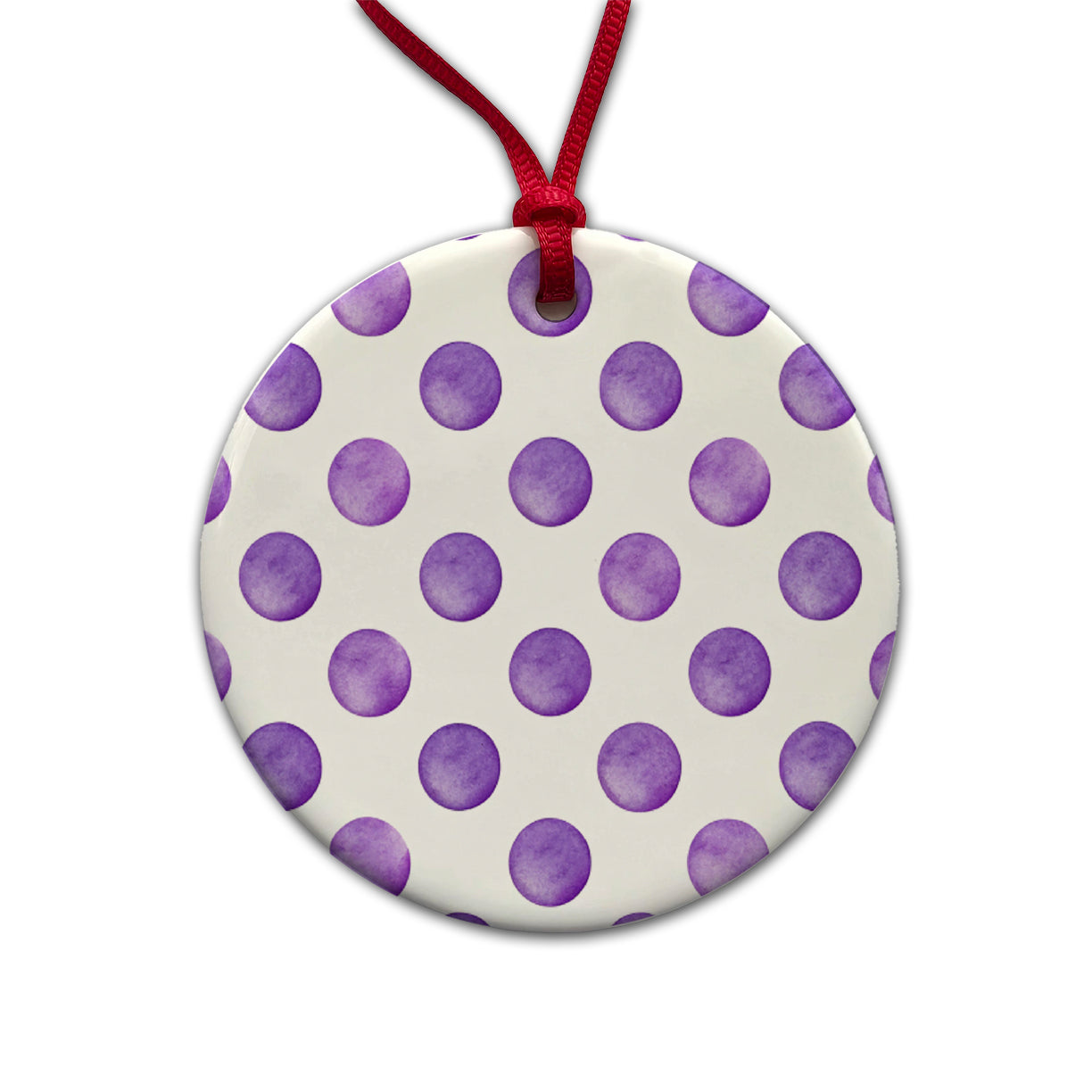 Purple Polka Dots White Background Round Ceramic Holiday Christmas Tree Ornament