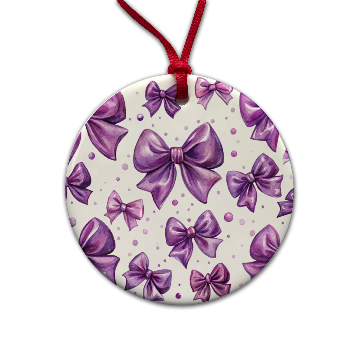 Purple Scattered Coquette Bows Watercolor Round Ceramic Holiday Christmas Tree Ornament