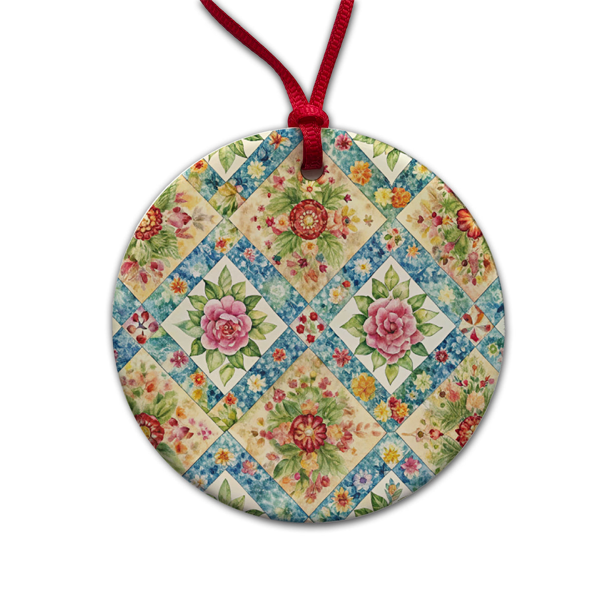 Quilt Floral Pattern Quilter Sewing Round Ceramic Holiday Christmas Tree Ornament
